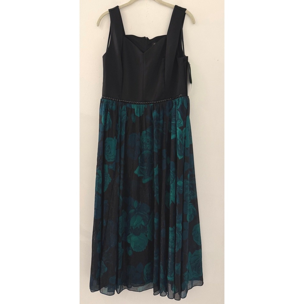 NWT Alexa B Women Black Teal Floral Metallic Pleated Formal Dress 12P Wedding